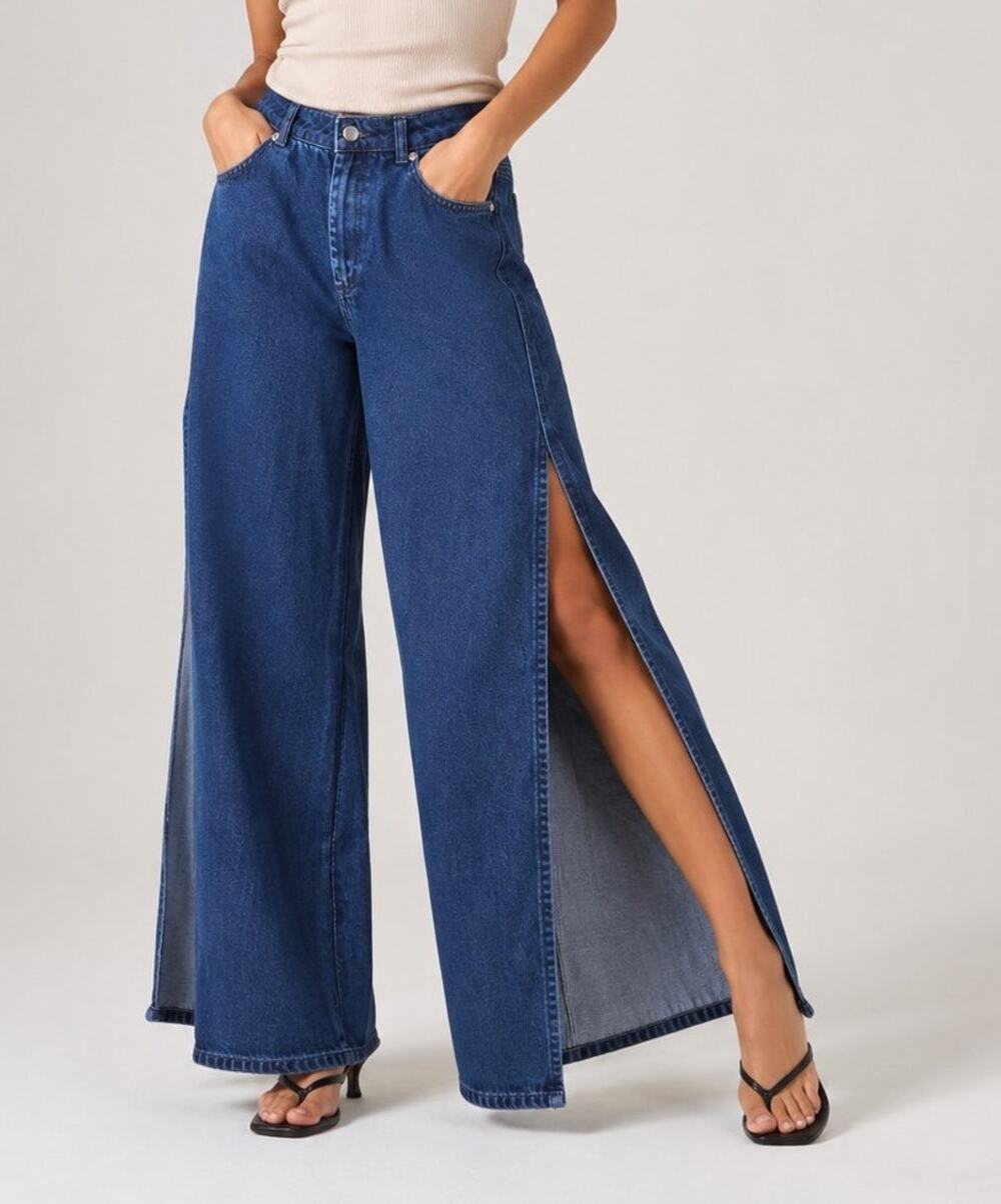 French Connection Wide Leg Side Slit Jeans Size 8 Blue Festival Rave Y2K 90s